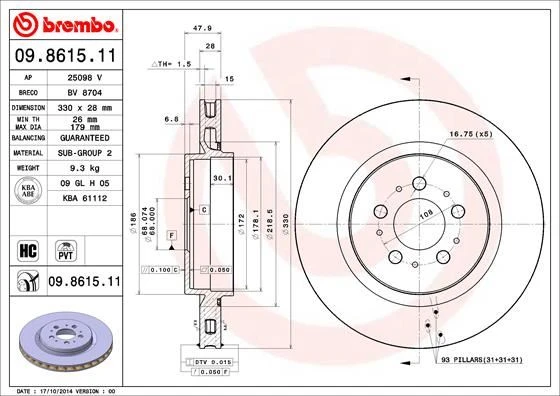 BREMBO 09861511 ARKA DISK AYNA VOLVO S60 I 03>10 V70 II 03>10 30645223-8672113 ürün görseli 1