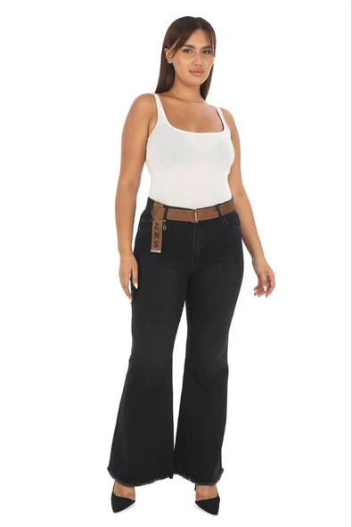 Büyük Beden Toparlayıcı Kemerli Yüksek Bel İspanyol Paça Denim Kadın Pantolon ürün görseli 1