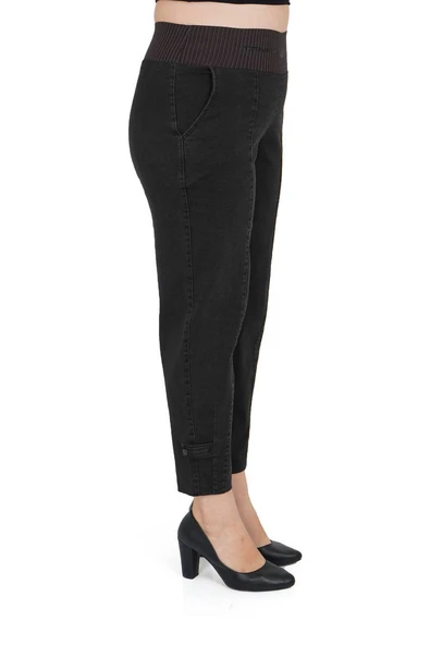 Büyük Beden Kadın Mom Model Lastikli Yüksek Bel Pamuk Kot Pantolon - Resim 3