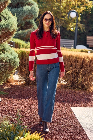 Polo Yaka Fitilli Triko Kazak - Kırmızı ürün görseli