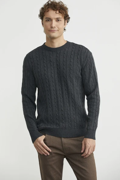 Pamuklu Saç Örgü Detaylı Triko Kazak - Antrasit - Resim 4