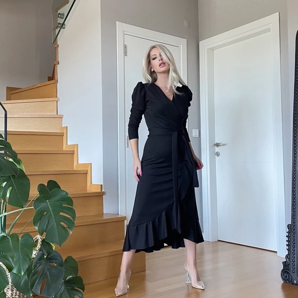 Krep Kumaş Midi Boy Kuşaklı Uzunkol Elbise 113 Cm - Resim 2