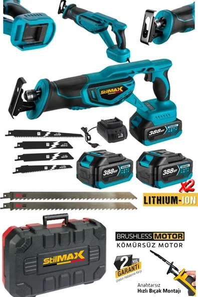 Stilmax 388vf 10ah x2 Akülü BL Motor Çelik Şanzımanlı Akülü Tilki Kuyruğu Testere + 7 Ad Bıçak Seti - Resim 2