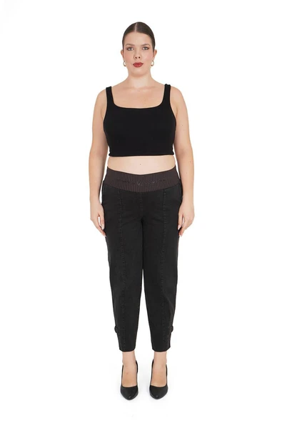 Büyük Beden Kadın Mom Model Lastikli Yüksek Bel Pamuk Kot Pantolon ürün görseli