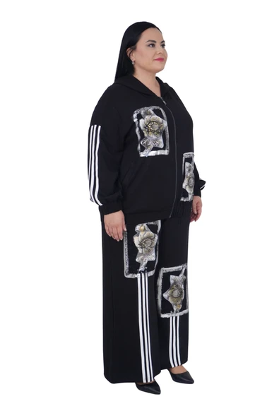 Kadın Ekstra Battal Kapüşonlu Viskon Fermuarlı Alt Üst Takım - Resim 2