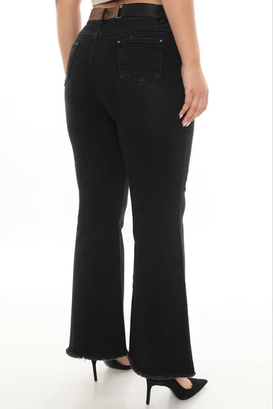 Büyük Beden Toparlayıcı Kemerli Yüksek Bel İspanyol Paça Denim Kadın Pantolon - Resim 3