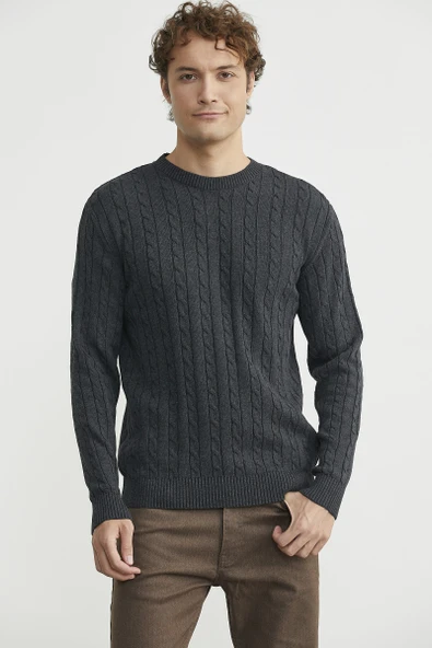 Pamuklu Saç Örgü Detaylı Triko Kazak - Antrasit - Resim 3