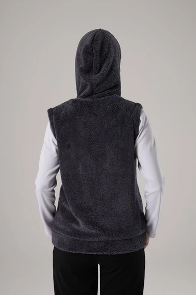 Kadın Koyu Gri Füme Peluş Yumoş Fermuarlı Kapüşonlu Welsfot Yelek 22KYLKPELO - Resim 4