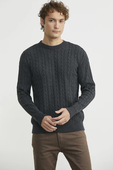 Pamuklu Saç Örgü Detaylı Triko Kazak - Antrasit - Resim 2