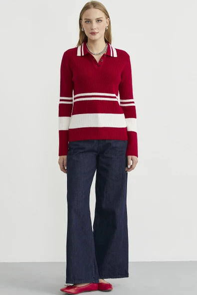 Polo Yaka Fitilli Triko Kazak - Kırmızı - Resim 3