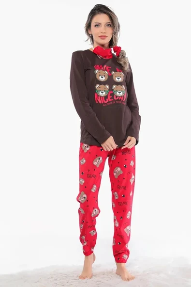 Ayıcık Desenli Uzun Kollu Kadın Pijama Takımı Kırmızı - Kahverengi S BEDEN - Resim 2