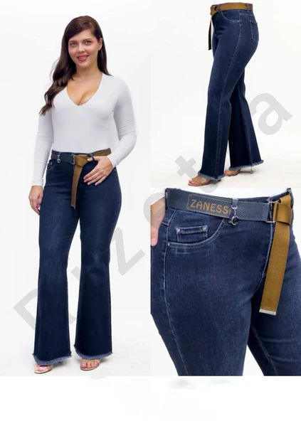 Büyük Beden Toparlayıcı Kemerli Yüksek Bel İspanyol Paça Denim Kadın Pantolon - Resim 9