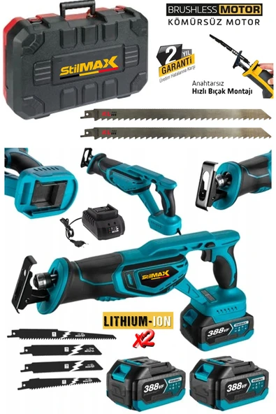 Stilmax 388vf 10ah x2 Akülü BL Motor Çelik Şanzımanlı Akülü Tilki Kuyruğu Testere + 7 Ad Bıçak Seti ürün görseli 1