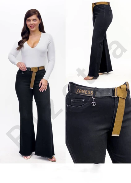 Büyük Beden Toparlayıcı Kemerli Yüksek Bel İspanyol Paça Denim Kadın Pantolon - Resim 4