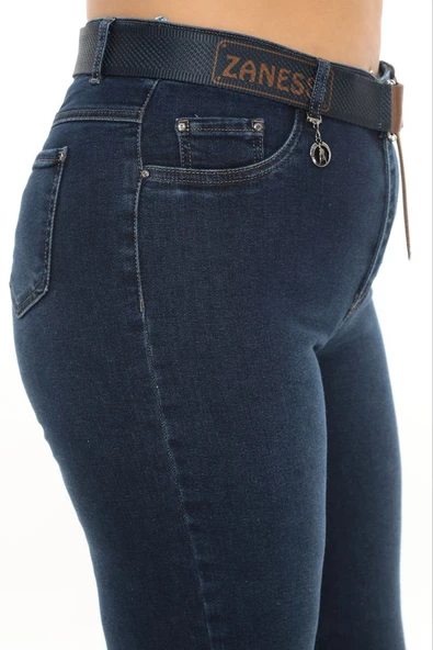 Büyük Beden Toparlayıcı Kemerli Yüksek Bel İspanyol Paça Denim Kadın Pantolon - Resim 11