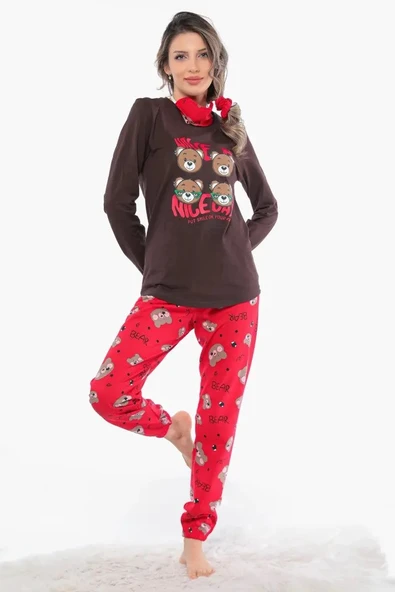 Ayıcık Desenli Uzun Kollu Kadın Pijama Takımı Kırmızı - Kahverengi S BEDEN ürün görseli