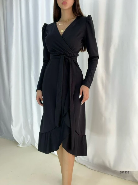 Krep Kumaş Midi Boy Kuşaklı Uzunkol Elbise 113 Cm - Resim 7