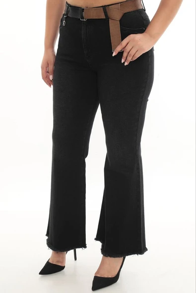 Büyük Beden Toparlayıcı Kemerli Yüksek Bel İspanyol Paça Denim Kadın Pantolon - Resim 7