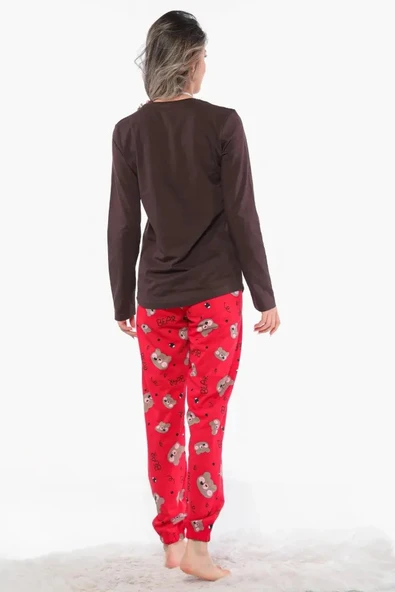 Ayıcık Desenli Uzun Kollu Kadın Pijama Takımı Kırmızı - Kahverengi S BEDEN - Resim 3