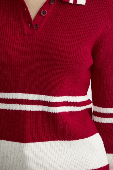 Polo Yaka Fitilli Triko Kazak - Kırmızı - Resim 6