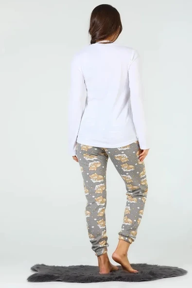 Ayıcık Desenli Uzun Kollu Kadın Pijama Takımı Gri  - Ekru - Resim 2