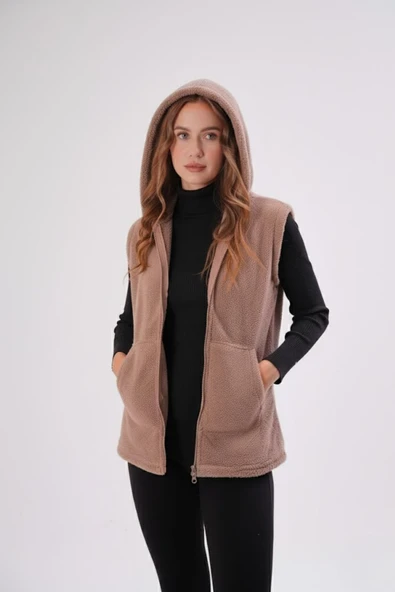 Kadın Vizon Peluş Yumoş Fermuarlı Kapüşonlu Yelek 22KYLKPELO - Resim 4