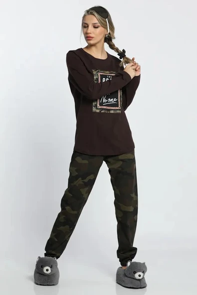 Kamuflaj Desenli Uzun Kollu Kadın Pijama Takımı - Resim 2