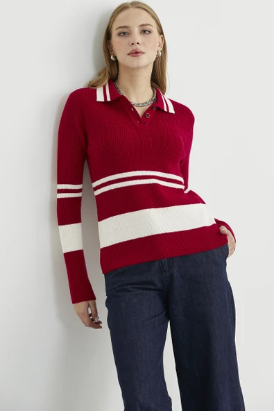 Polo Yaka Fitilli Triko Kazak - Kırmızı - Resim 2