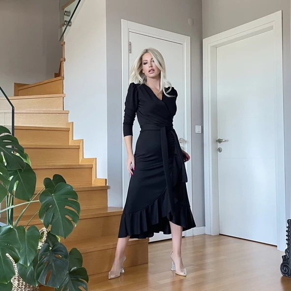 Krep Kumaş Midi Boy Kuşaklı Uzunkol Elbise 113 Cm - Resim 3