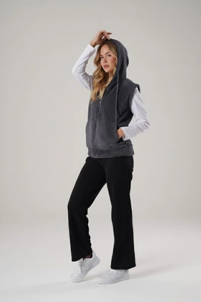 Kadın Koyu Gri Füme Peluş Yumoş Fermuarlı Kapüşonlu Welsfot Yelek 22KYLKPELO - Resim 3