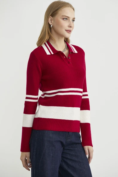 Polo Yaka Fitilli Triko Kazak - Kırmızı - Resim 5