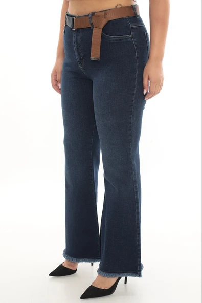 Büyük Beden Toparlayıcı Kemerli Yüksek Bel İspanyol Paça Denim Kadın Pantolon - Resim 10