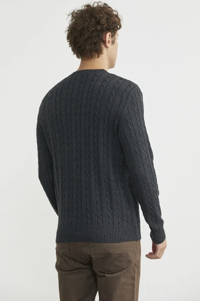 Pamuklu Saç Örgü Detaylı Triko Kazak - Antrasit - Resim 5