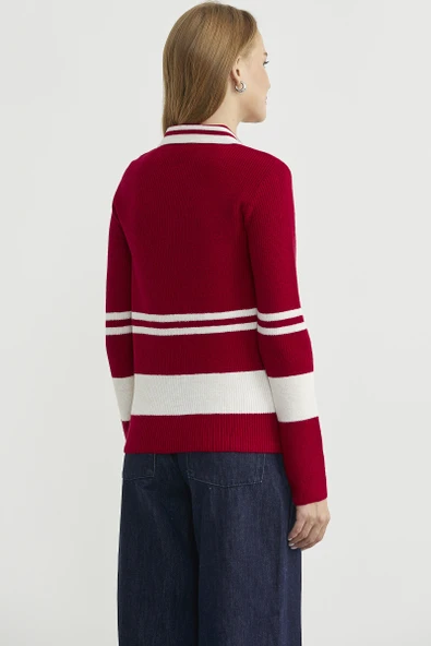 Polo Yaka Fitilli Triko Kazak - Kırmızı - Resim 7