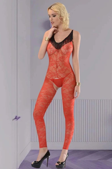 Kırmızı Siyah Püskül Detay Vücut Çorabı - 1027 ürün görseli 1