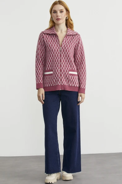 Çift Renk Kalın Yünlü Triko Hırka - Gül - Resim 3