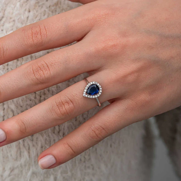 Gümüş Damla Safir Taşlı Kadın Yüzük  SL12643 - Resim 2