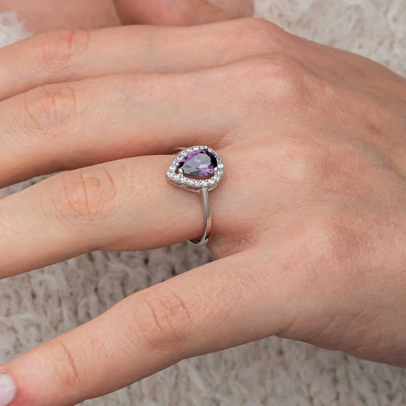 Gümüş Damla Mor Taşlı Kadın Yüzük SL12651 - Resim 10