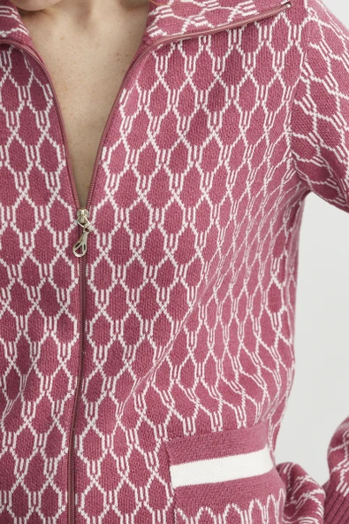 Çift Renk Kalın Yünlü Triko Hırka - Gül - Resim 6