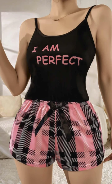 Kadın Siyah Kare Desenli Askılı Şortlu Pijama Takım 5012 ürün görseli