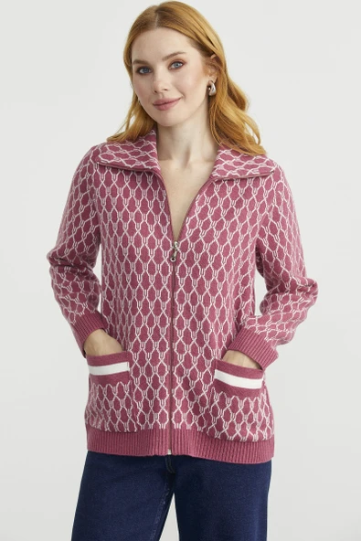 Çift Renk Kalın Yünlü Triko Hırka - Gül - Resim 5