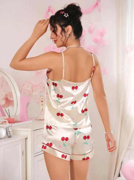 Kadın Ekru Kiraz Desenli Saten Şort Pijama Takımı 2226 - Resim 2