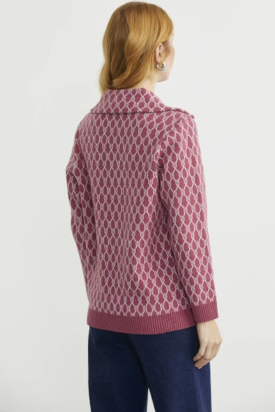 Çift Renk Kalın Yünlü Triko Hırka - Gül - Resim 7