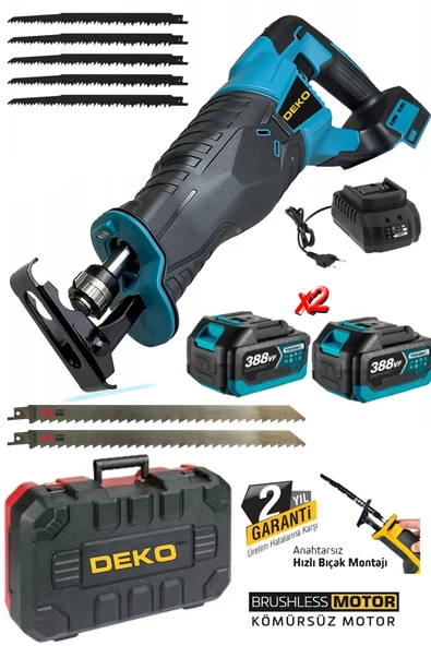 Deko Çelik Şanzıman Çift Akülü 388VF Tilki Kuyruğu Testere Beton Tuğla Kemik Kesme + 7 Bıçak Set - Resim 2