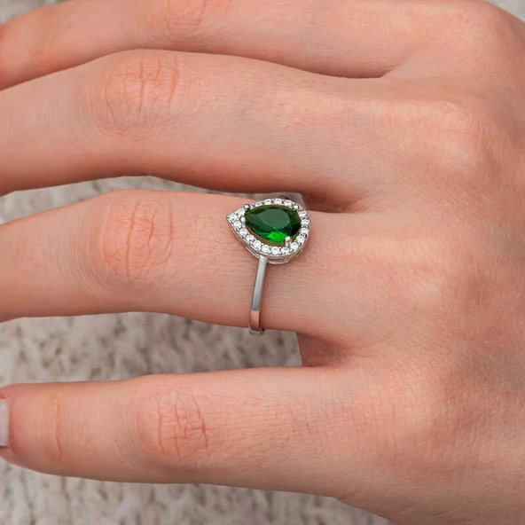 Gümüş Damla Zümrüt Taşlı Kadın Yüzük SL12650 - Resim 5