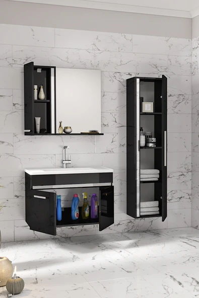 Alfa Banyo Gold Siyah Gri (65+35) 100 cm Mdf-Boy Dolaplı Lavabolu Banyo Dolabı Seti-Hazır Kurulu- - 2