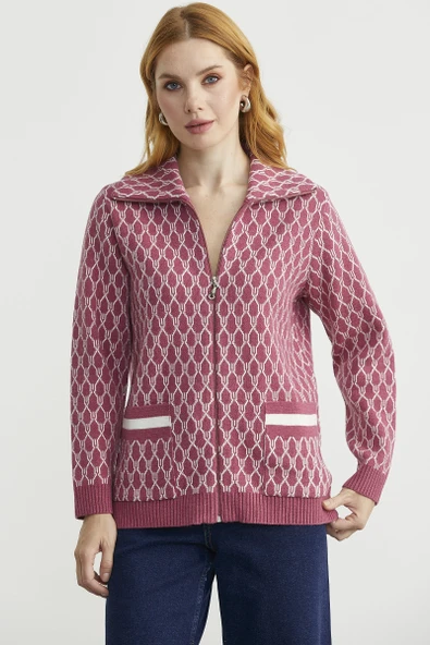 Çift Renk Kalın Yünlü Triko Hırka - Gül - Resim 2