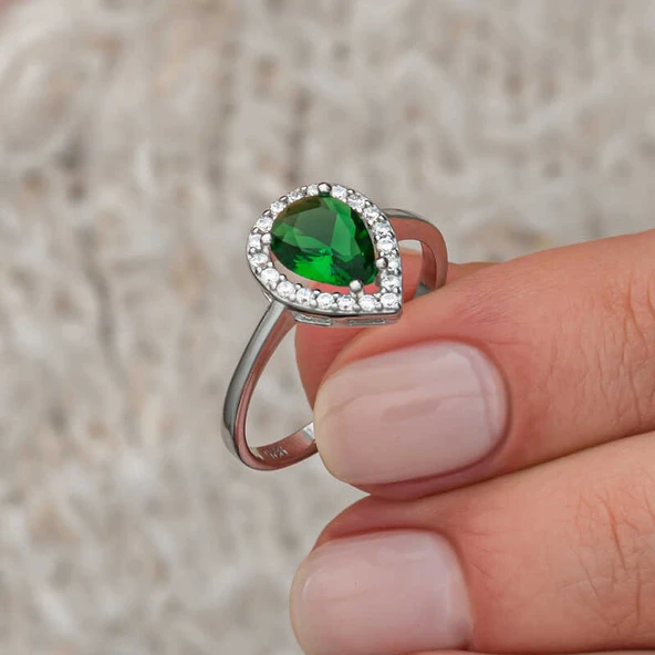 Gümüş Damla Zümrüt Taşlı Kadın Yüzük SL12650 - Resim 6