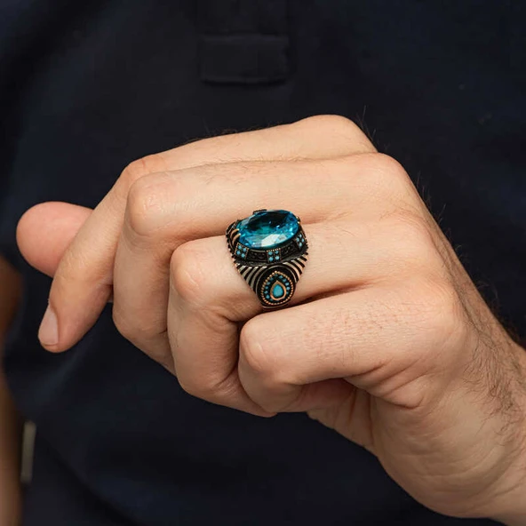 Gümüş Mavi Fasetli Taşlı Erkek Yüzük SL12416 - Resim 9