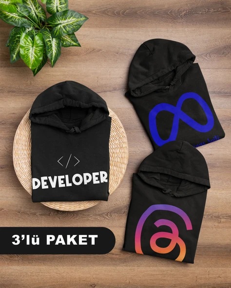 Yazılımcılara Özel Meta Developer Baskılı, Unisex, Kapüşonlu Regular Hoddie Kangru Sweat, 3'lü Paket ürün görseli